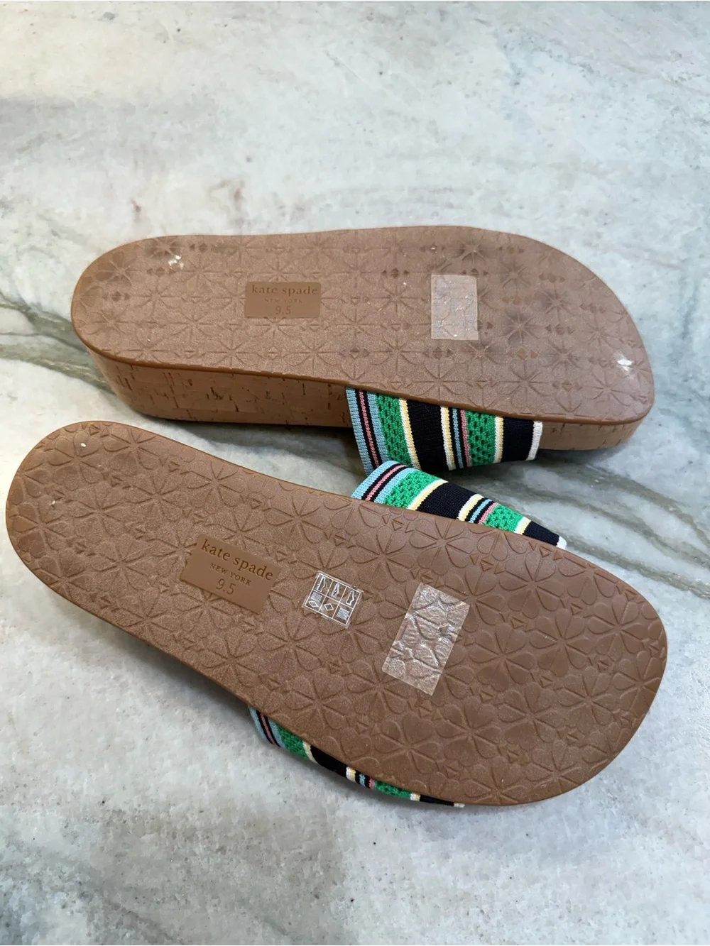 kate spade Navy, Green & Black Striped Cork Slide Sandals